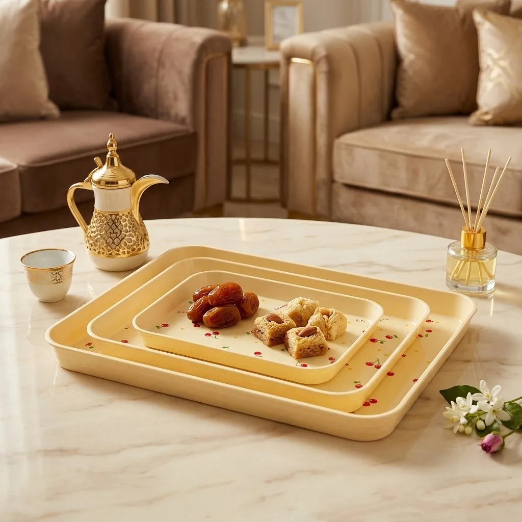 Home Cooking Recipes - チェリープリントの長方形プラスチック製サービングトレイ。装飾的なデザインで、朝食や紅茶の提供に最適。家庭用キッチン収納や整理に。滑り止め加工。