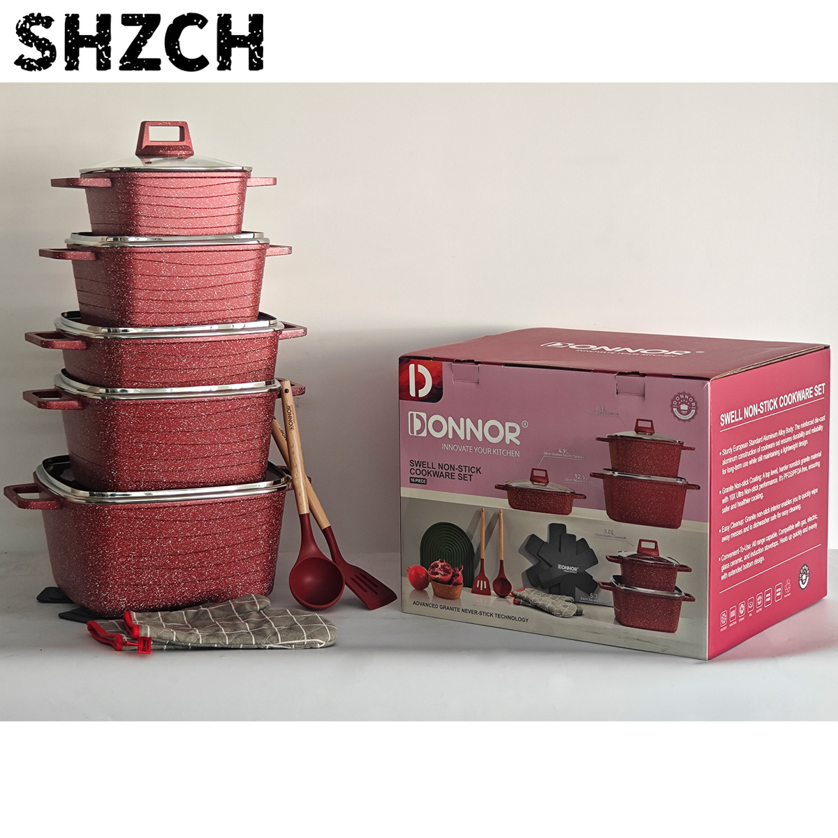 Home Cooking Gas - ドナー・スクエア環境に優しい花崗岩製ノンスティック調理器具セット、ダイカストアルミニウム製、ガス・IH対応、家庭料理用